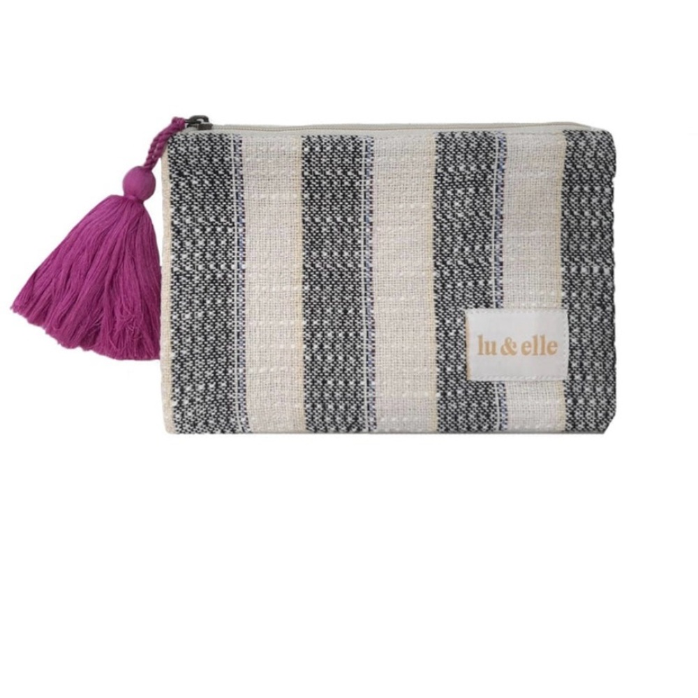 Lu & Elle Matador Black and Cream Striped Cosmetic Pouch with Pink Tassel. NWOT